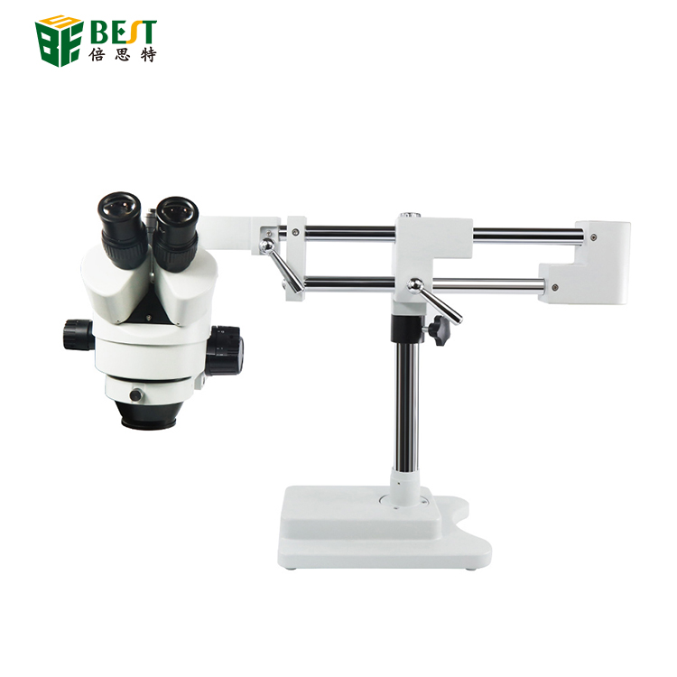 Double Boom Adjustable Stand Zoom Simul Focal Trinocular Stereo Microscope