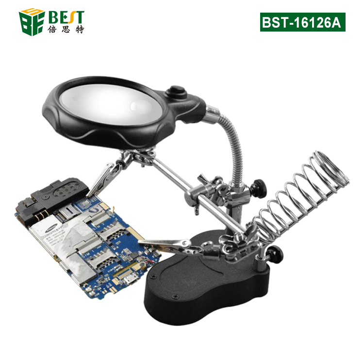 BST-16126A Helping Hand Clip Clamp LED Magnifying Glass Soldering Iron Stand Magnifier