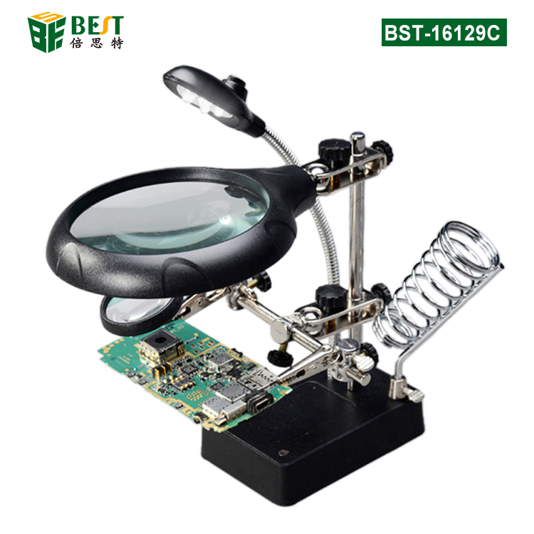 BST-16129C 5 LED Auxiliary Clip Magnifier 3 in 1 Magnifying Glass with Solder Iron Stand Holder